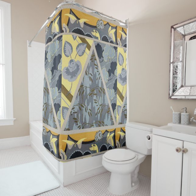 RIDEAUX DE DOUCHE FLEURS GRIS JAUNES BLEU, BOUTTERFLIES FLEURIES (En situation)