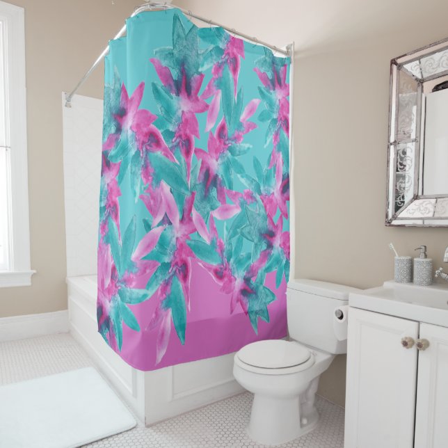 Rideaux De Douche Fleurs hawaïennes Abstraites turquoise rose (En situation)