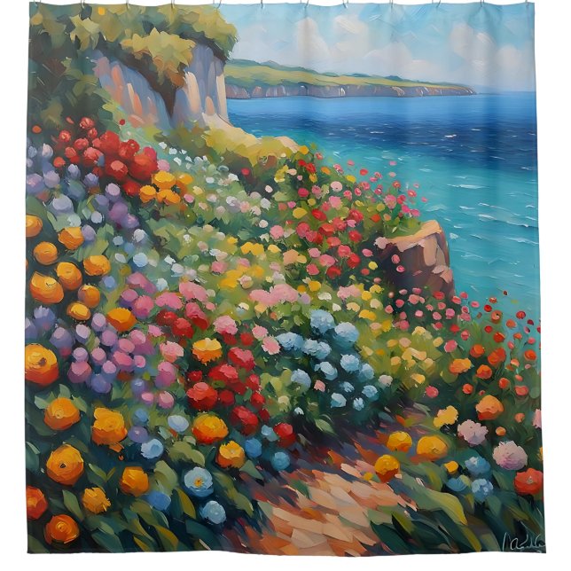 Rideaux De Douche "Fleurs impressionnantes de falaises surplombant l (Devant)
