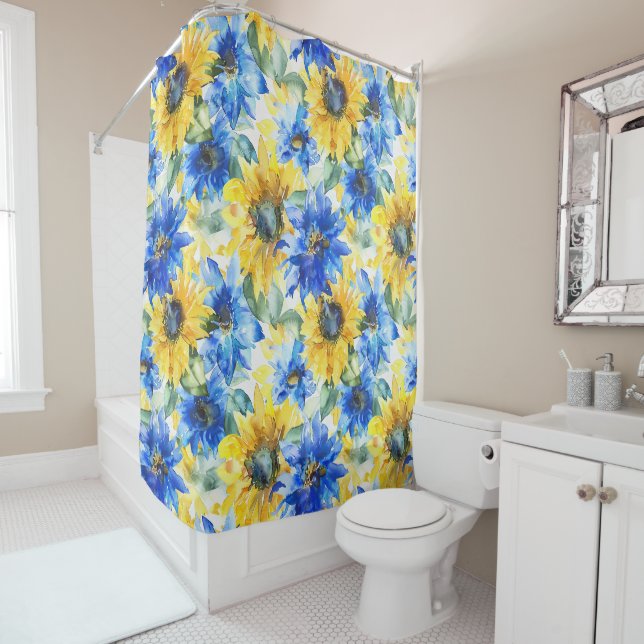 Rideaux De Douche Fleurs Jaunes Bleu Anniversaire (En situation)