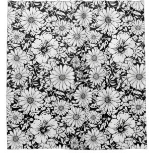Rideaux De Douche Fleurs noires et blanches, motif sans couture vint