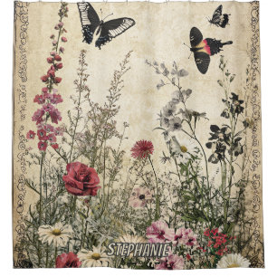 Rideaux De Douche Fleurs, oiseaux et papillons sur papier vieilli (2