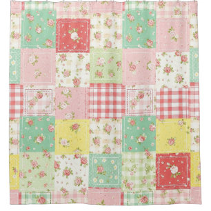 Rideaux De Douche Fleurs pastel en patchwork à carreaux gingham