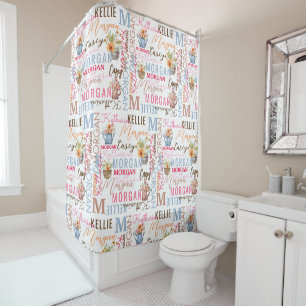Rideaux De Douche Fleurs peintes avec nom et collage Monogramme