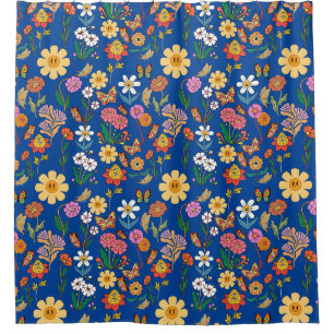 Rideaux De Douche Fleurs psychédéliques Motif x4 Bleu BG