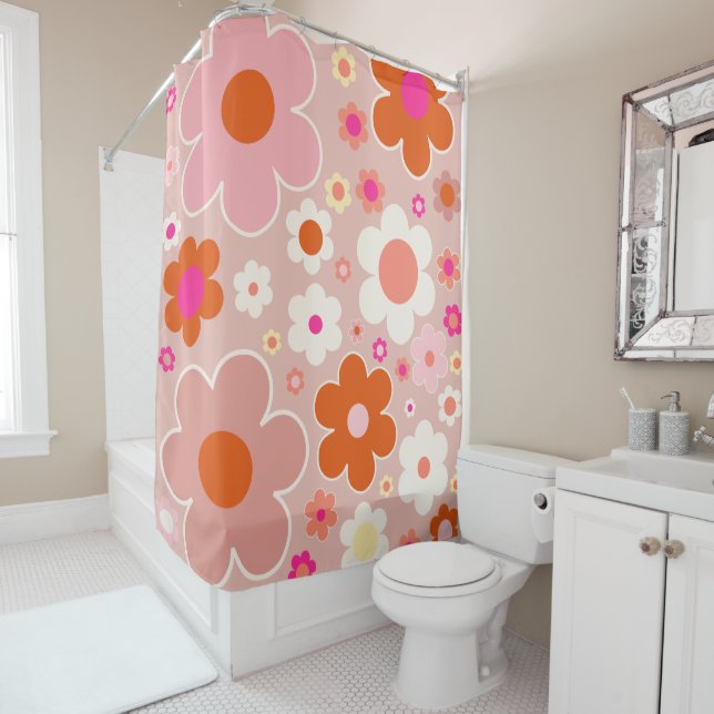 Rideaux De Douche Fleurs Rétro Peach Blush Rose Orange Floral (En situation)