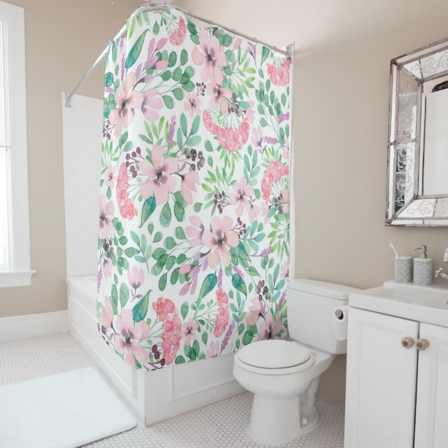 Rideaux De Douche Fleurs roses Aquarelles Motif (En situation)