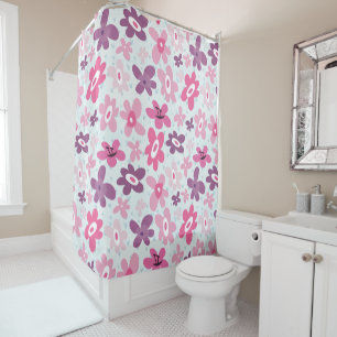 Rideaux De Douche Fleurs roses et Coeurs Bleus mignons Whimsical