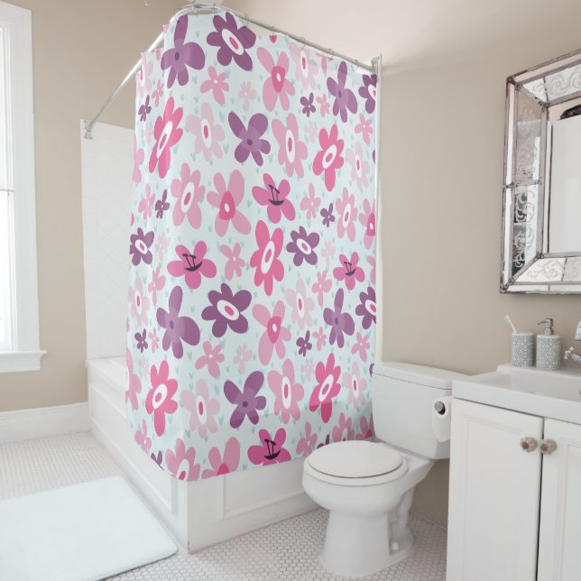 Rideaux De Douche Fleurs roses et Coeurs Bleus mignons Whimsical (En situation)
