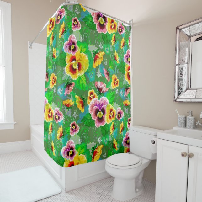 Rideaux De Douche Fleurs Roses Et Jaunes (En situation)