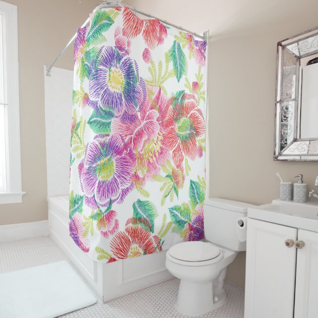 Rideaux De Douche Fleurs roses et violettes Motif D6 (En situation)
