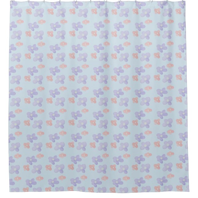 Rideaux De Douche Fleurs roses sur bleu pastel (Devant)