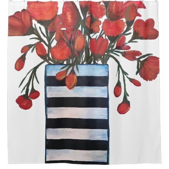 Rideaux De Douche Fleurs rouges dans le vase rayé noir et blanc (Devant)