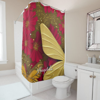 Rideaux De Douche Fleurs rouges Parties scintillant d'or Nom personn