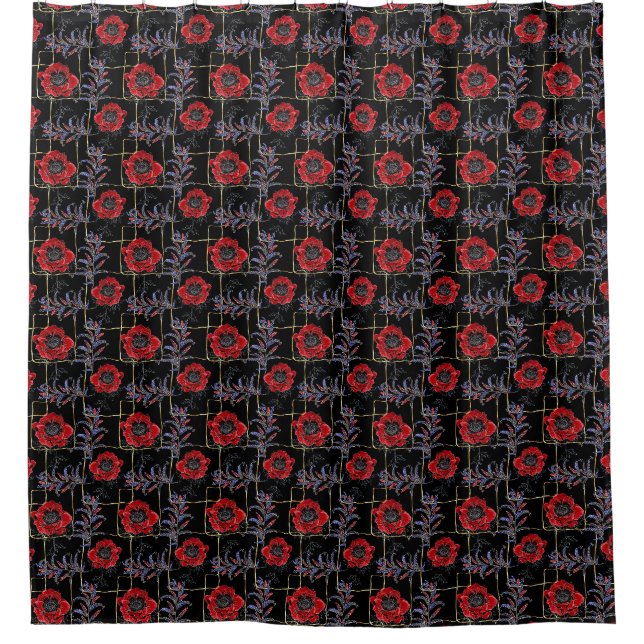 Rideaux De Douche Fleurs rouges sur le noir. (Devant)