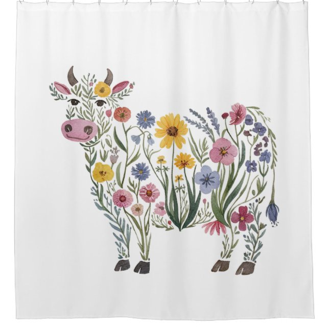Rideaux De Douche Fleurs sauvages d'aquarelle en forme de Vache mign (Devant)