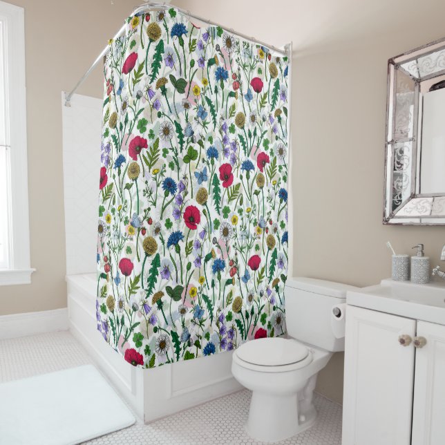 Rideaux De Douche Fleurs sauvages sur blanc cassé (En situation)