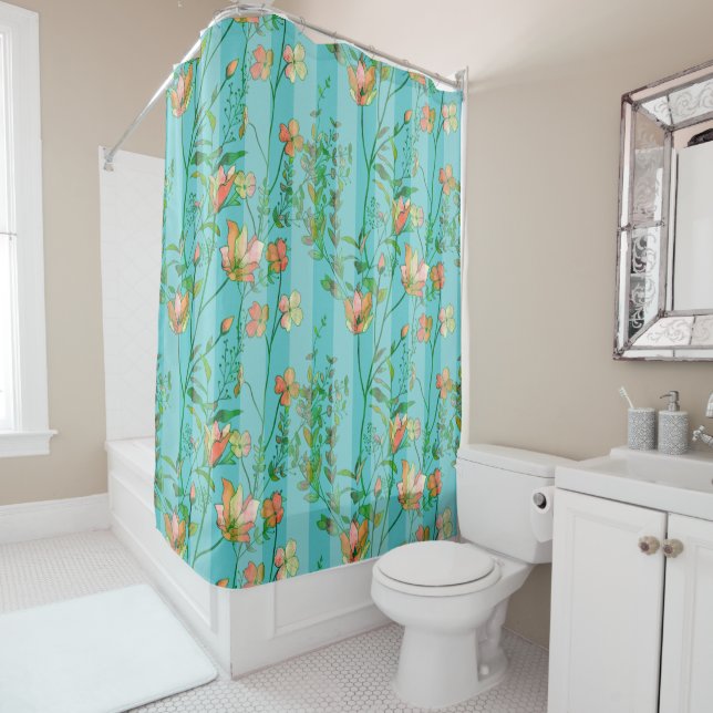 Rideaux De Douche Fleurs sur l'arrière - plan rayé bleu d'Aqua (En situation)