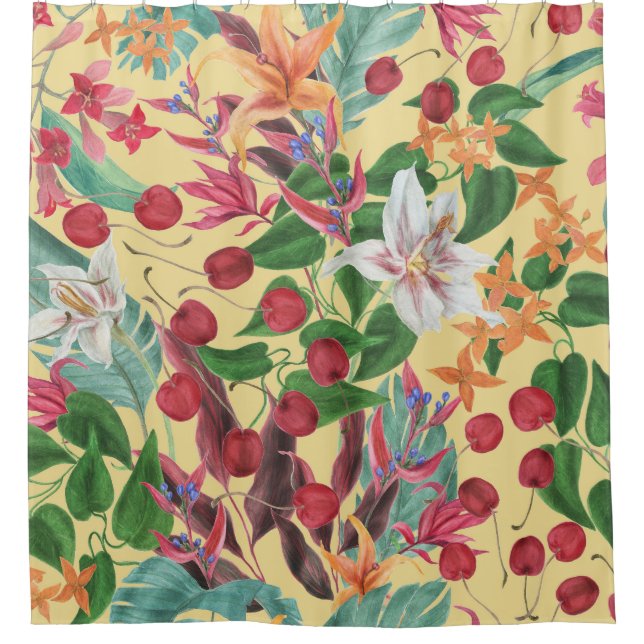 Rideaux De Douche Fleurs tropicales Cerise : Aquarelle Patte transpa (Devant)