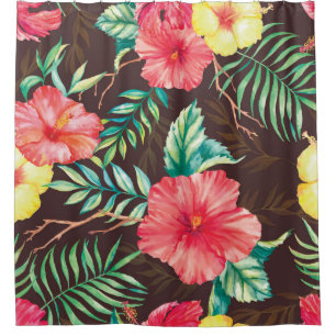 Rideaux De Douche Fleurs tropicales colorées Arrière - plan foncé