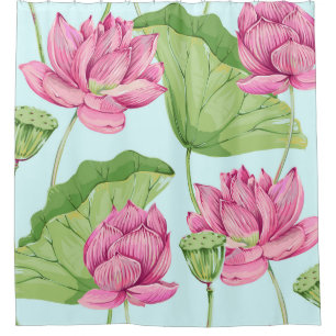 Rideaux De Douche Fleurs tropicales, feuilles, lotus roses, nénuphar