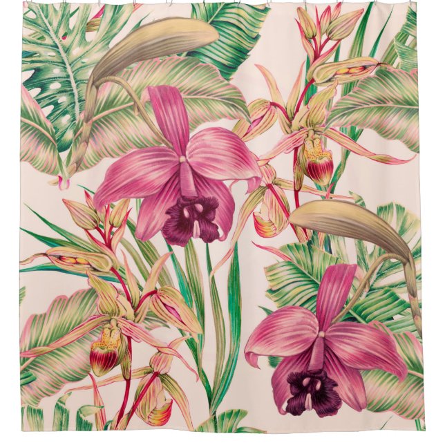 Rideaux De Douche Fleurs tropicales, fleur d'orchidées, feuilles de  (Devant)