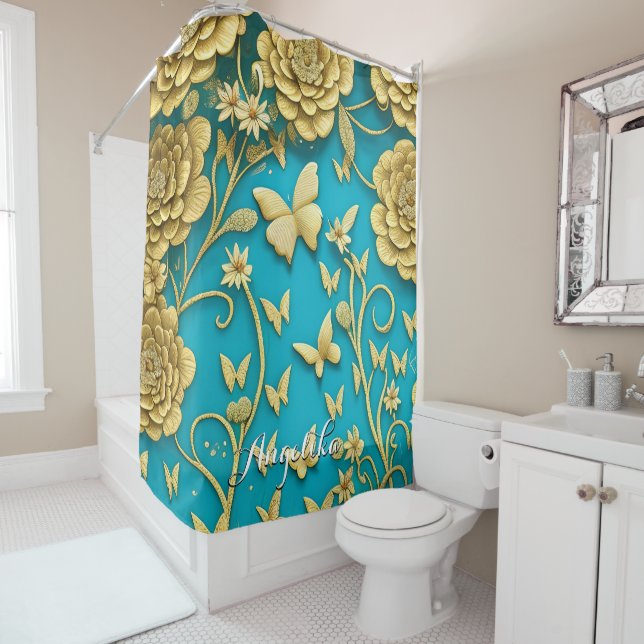 Rideaux De Douche Fleurs turquoises et or Nom personnalisé (En situation)