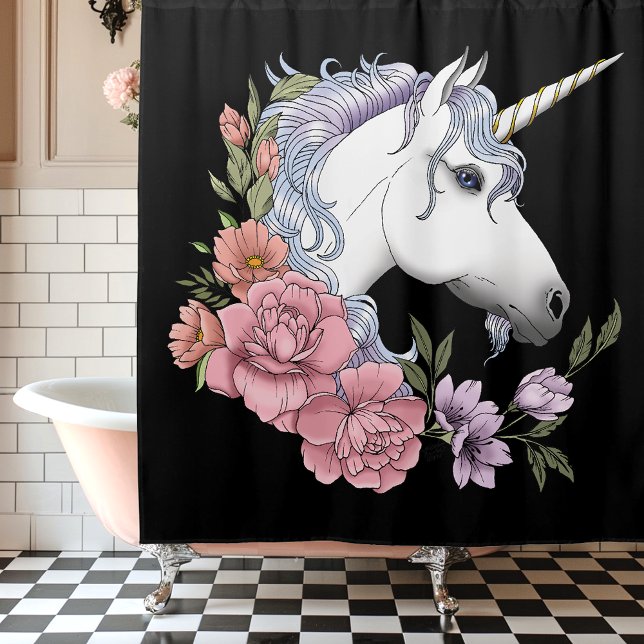 Rideaux De Douche Fleurs Unicorne Blanches Rose Noir (Créateur téléchargé)