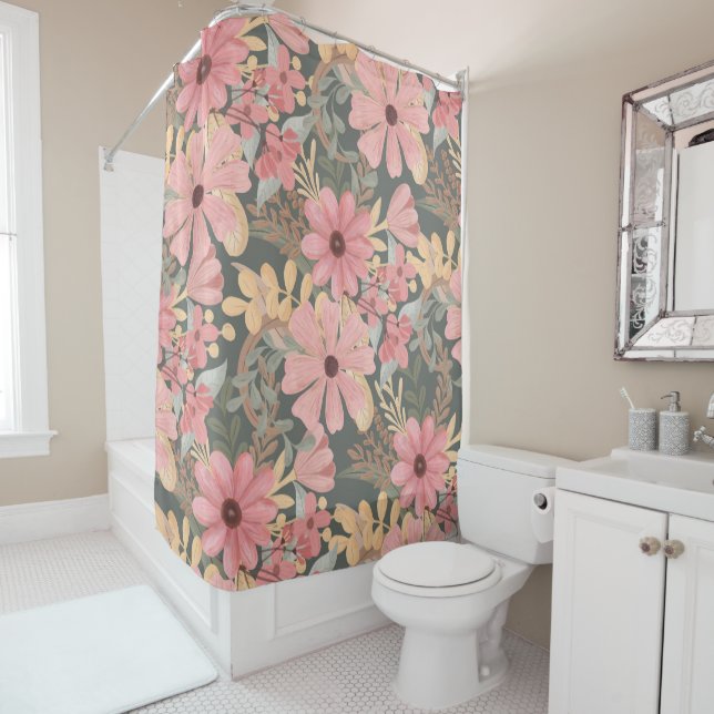 Rideaux De Douche Fleurs vertes rose Sage Laisser Motif Aquarelle (En situation)