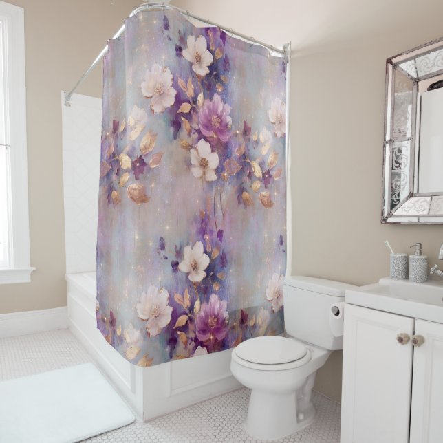 Rideaux De Douche Fleurs violettes d'or blanc féminin (En situation)