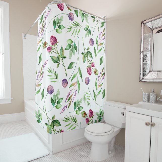Rideaux De Douche Fleurs violettes et Motif de baies rouges (En situation)