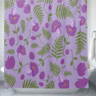 Rideaux De Douche Fleurs Violettes & Fougères Dessinées à la Main