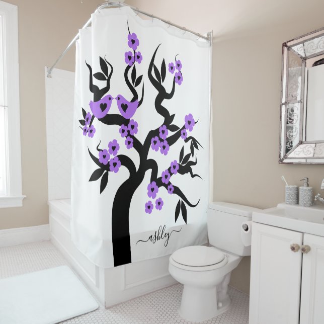 Rideaux De Douche Fleurs violettes Inséparables sakura cerisier (En situation)