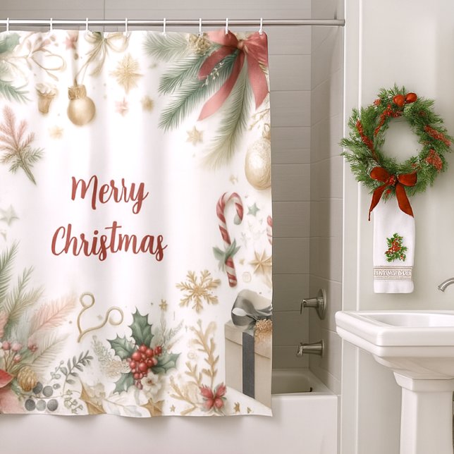 Rideaux De Douche Flocon de neige et verdure de Noël Poinsettia (Elegantly designed Christmas shower curtain. )