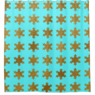 Rideaux De Douche Flocons de neige dorés scintillants Turquoise Bleu