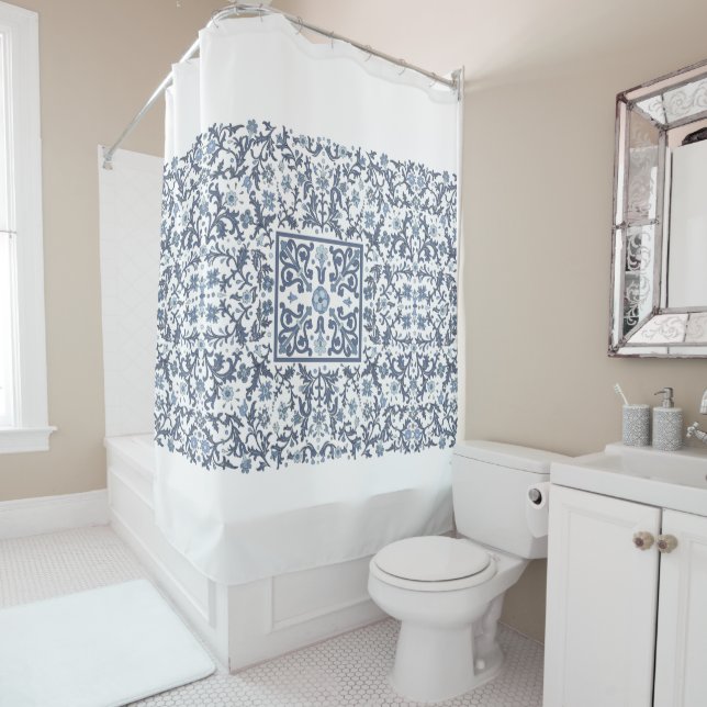 Rideaux De Douche Floral bleu Denim (En situation)