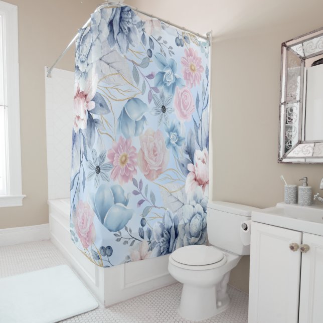 Rideaux De Douche Floral Bleu Et Rose Marine (En situation)