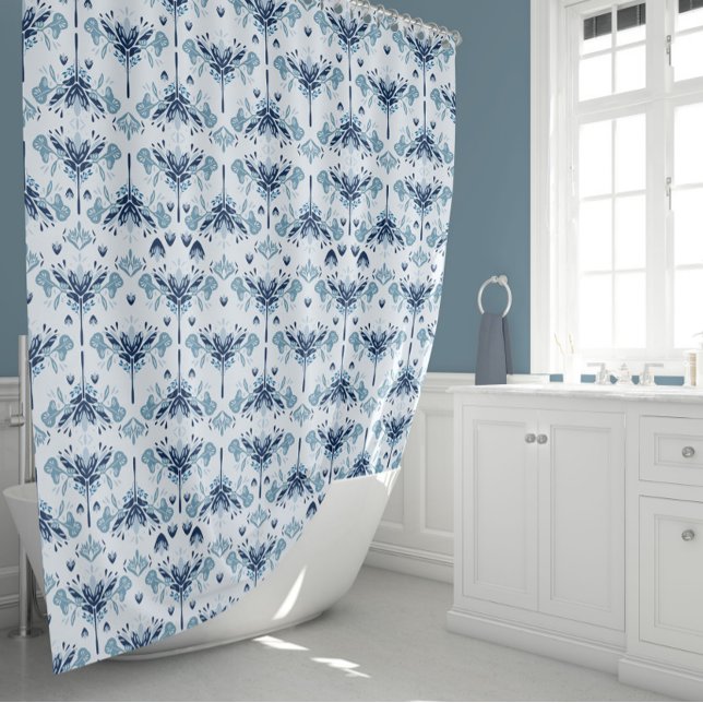 Rideaux De Douche Floral bleu géométrique (Blue Floral Garden Arts And Crafts Geometric Shower Curtain by Studio Posies.)