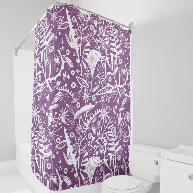Rideaux De Douche Floral botanique violet et blanc (Purple and white botanical pattern shower curtain)