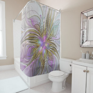 Rideaux De Douche Floral Coloré Abstrait Fractal Avec Rose & Or