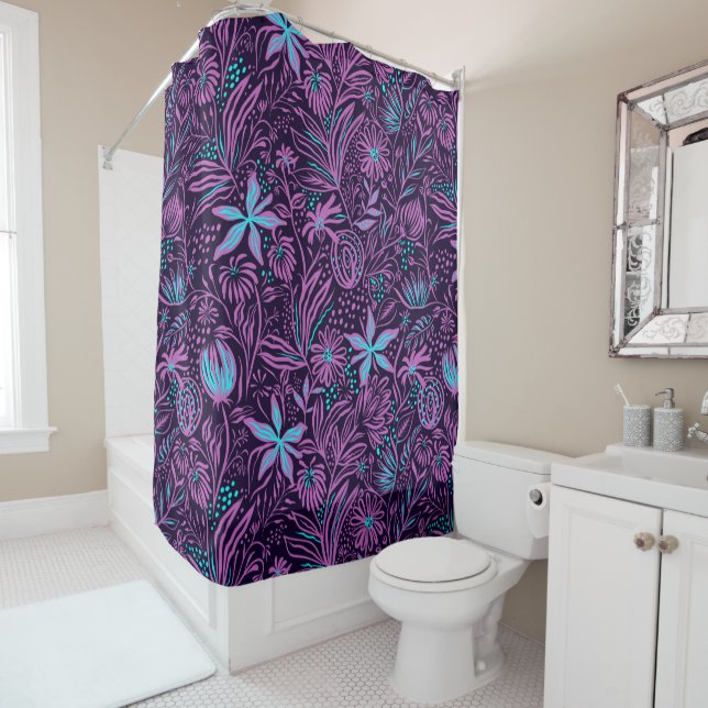 Rideaux De Douche Floral de Purple et Blue Island (En situation)