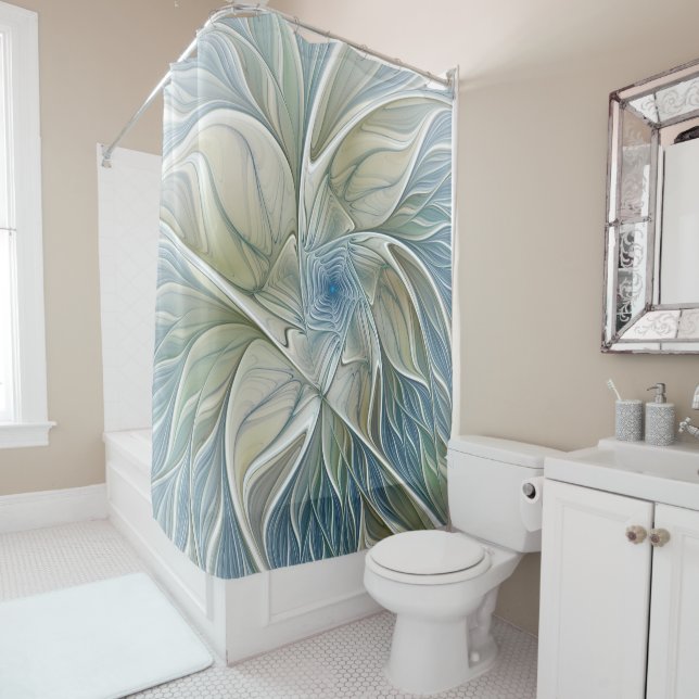 Rideaux De Douche Floral Dream Motif Abstrait Blue Khaki Fractal (En situation)