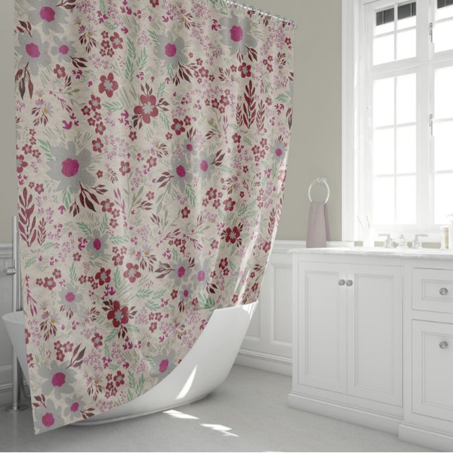 Rideaux De Douche Floral En Gris Et Rose Magenta (Ditsy Floral In Gray And Magenta Textured Shower Curtain by Jenn Steffen for Studio Posies.)