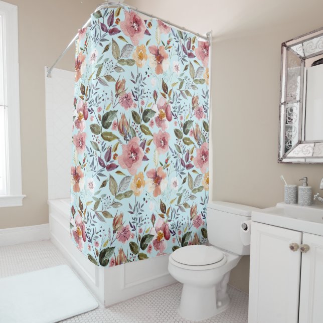 Rideaux De Douche Floral moderne Motif à fleurs d'été sur Turquoise (En situation)