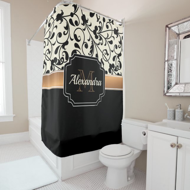 Rideaux De Douche Floral noir et blanc (En situation)