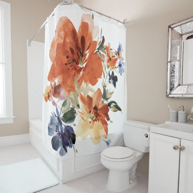 Rideaux De Douche Floral orange et bleu (En situation)