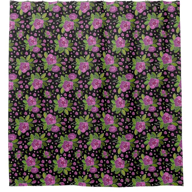 Rideaux De Douche Floral Pattern Lilac Pink Green Black (Devant)