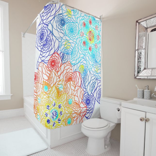 Rideaux De Douche Floral rouge et bleu (En situation)