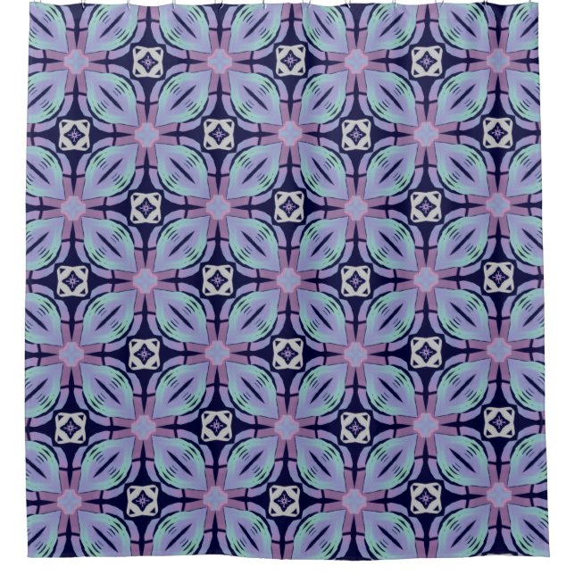 Rideaux De Douche Flore géométrique mauve sur bleu foncé  (Devant)