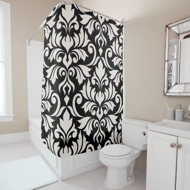 Rideaux De Douche Flourissant Damask Art I Cream sur Black (En situation)